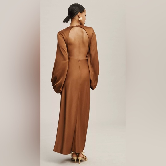 Anthropologie Burnt Orange Backless Long-Sleeve Satin Gown US 12 - Picture 2 of 7
